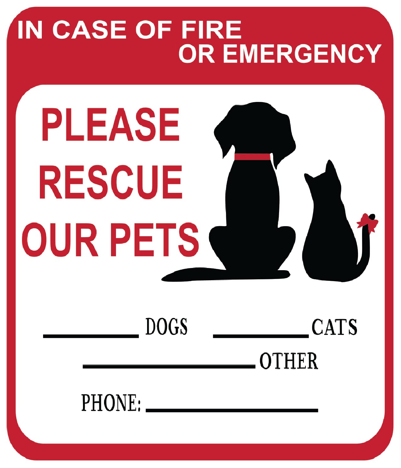 In Case Of Fire Or Emergency Please Rescue Our Pets 5 Inch Front Door Window Alarm Alert Animal Pet Dog Cat Kitten Bird Rabbit R